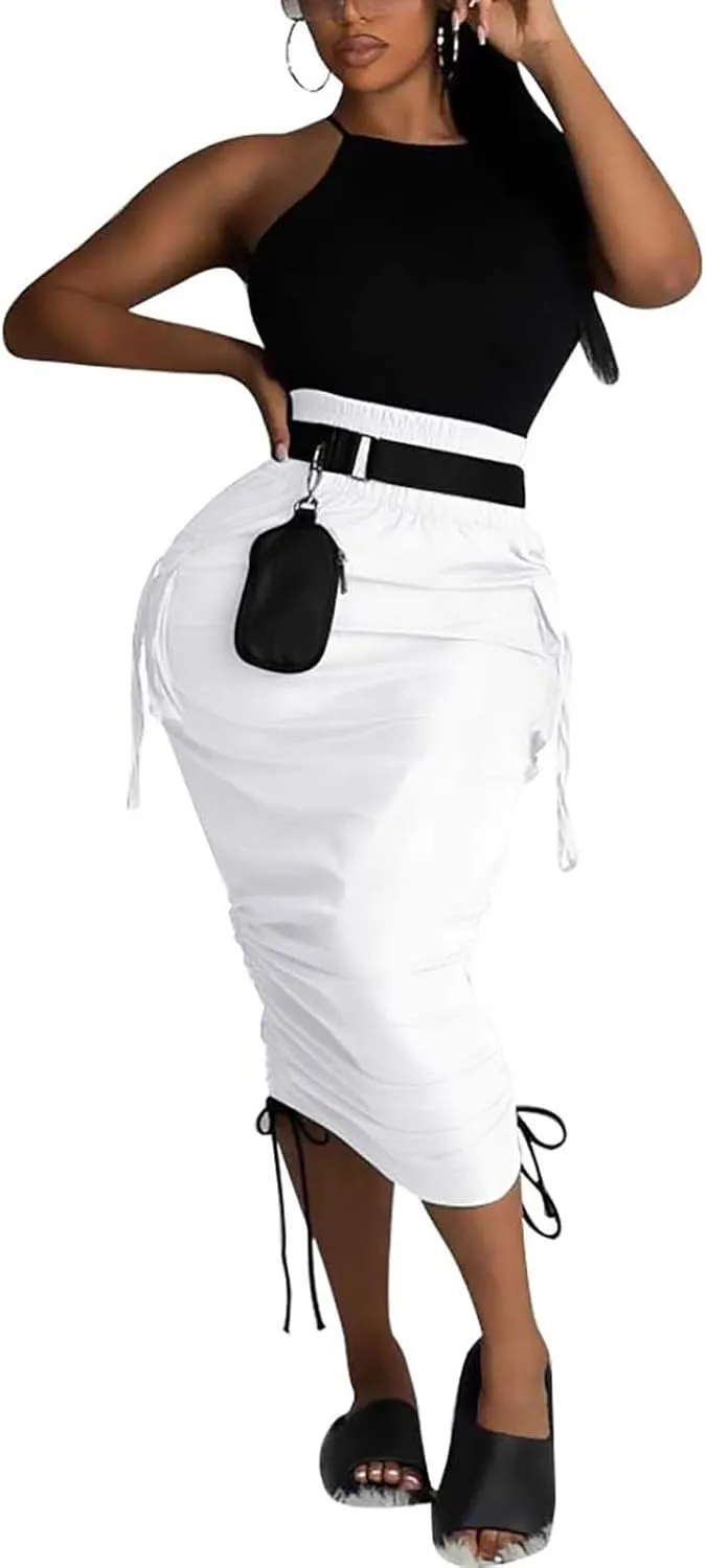 Voghtic Camo Skirts for Women High Waisted Ruched Drawstring Long Pencil Skirts with Pockets