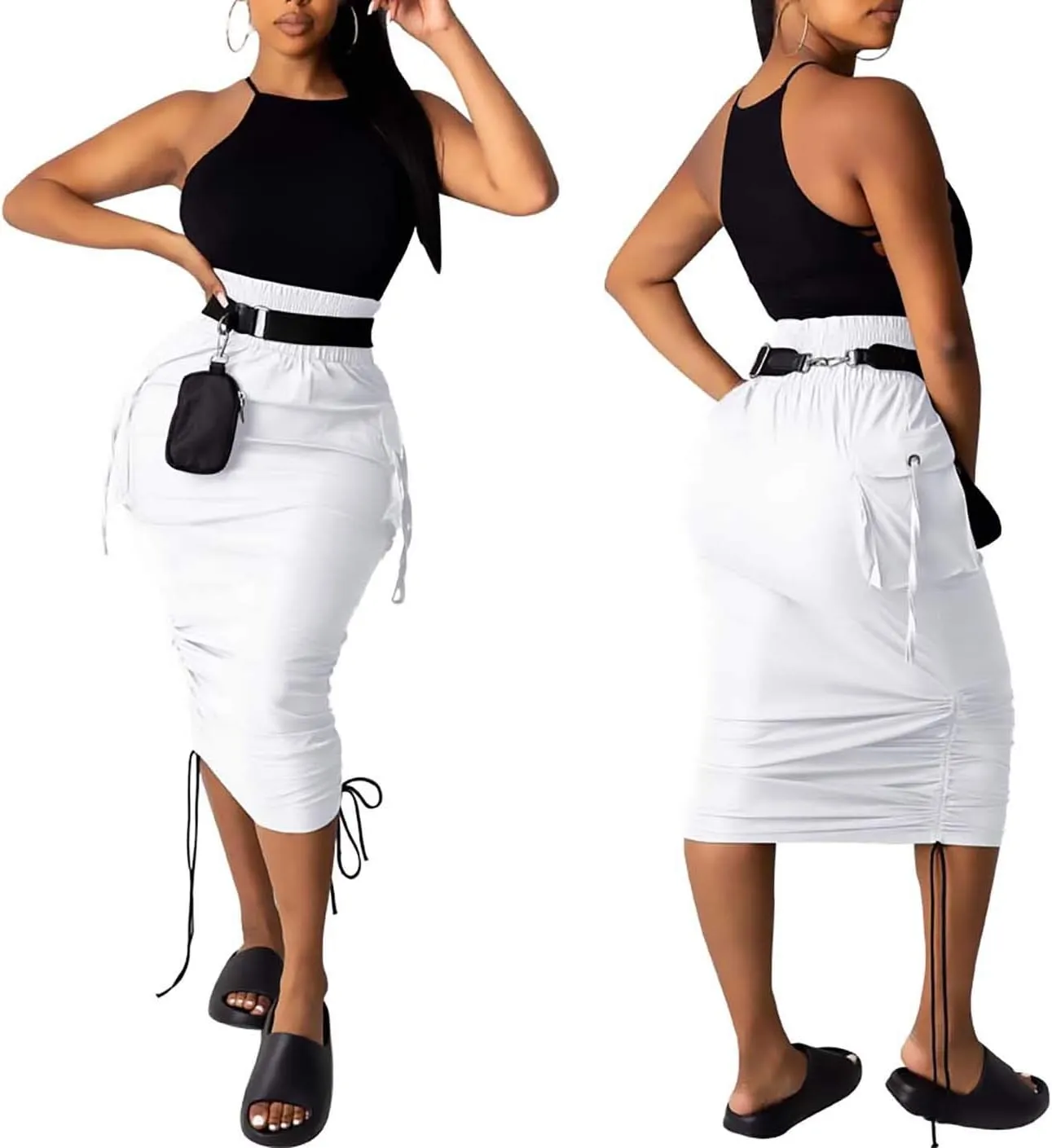 Voghtic Camo Skirts for Women High Waisted Ruched Drawstring Long Pencil Skirts with Pockets