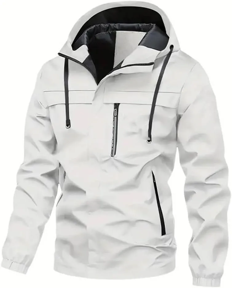 Vsadsau Men's Hooded Jacket Solid Color Long Sleeve Zipper Casual Coats With Pockets