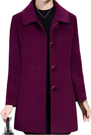 Vsadsau Women's Wool Blend Coat Single Breasted Autumn Winter Lapel Solid Color Long Sleeve Jacket