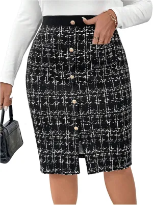 WDIRARA Women's Plus Size Plaid Skirt High Waisted Button Front Split Hem Knee Length Pencil Skirts