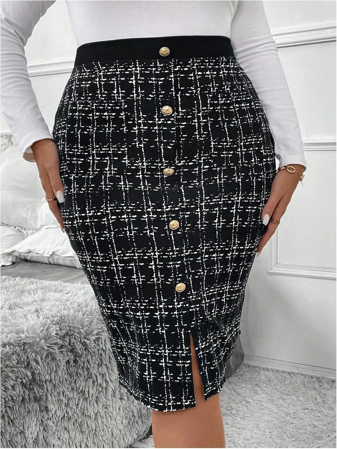 WDIRARA Women's Plus Size Plaid Skirt High Waisted Button Front Split Hem Knee Length Pencil Skirts