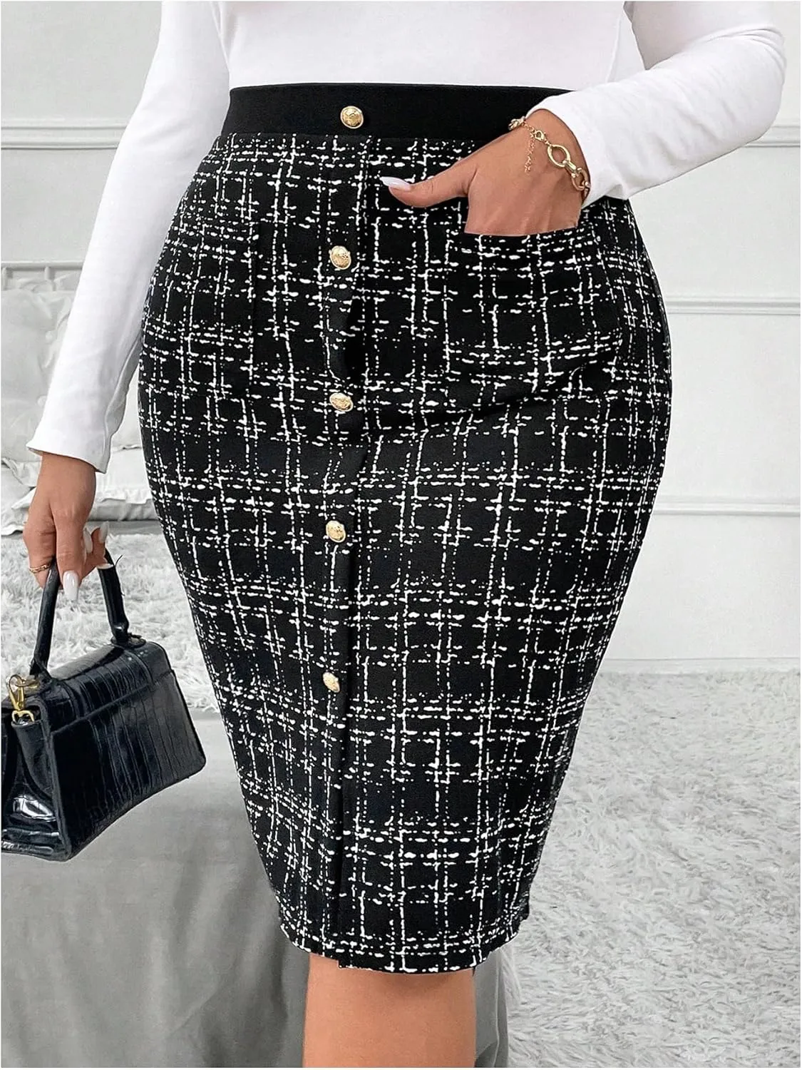 WDIRARA Women's Plus Size Plaid Skirt High Waisted Button Front Split Hem Knee Length Pencil Skirts