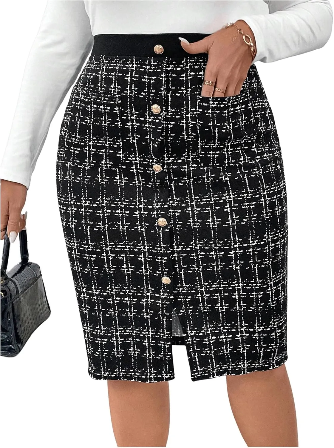 WDIRARA Women's Plus Size Plaid Skirt High Waisted Button Front Split Hem Knee Length Pencil Skirts