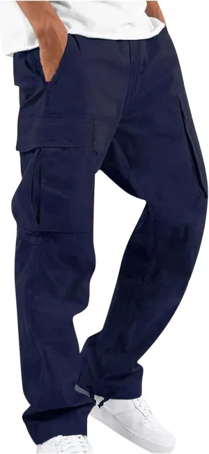 WENKOMG1 Casual Cargo Pants for Men Solid Camo Casual Hiking Pants Workout Joggers Drawstring Multi Pocket Sweatpants