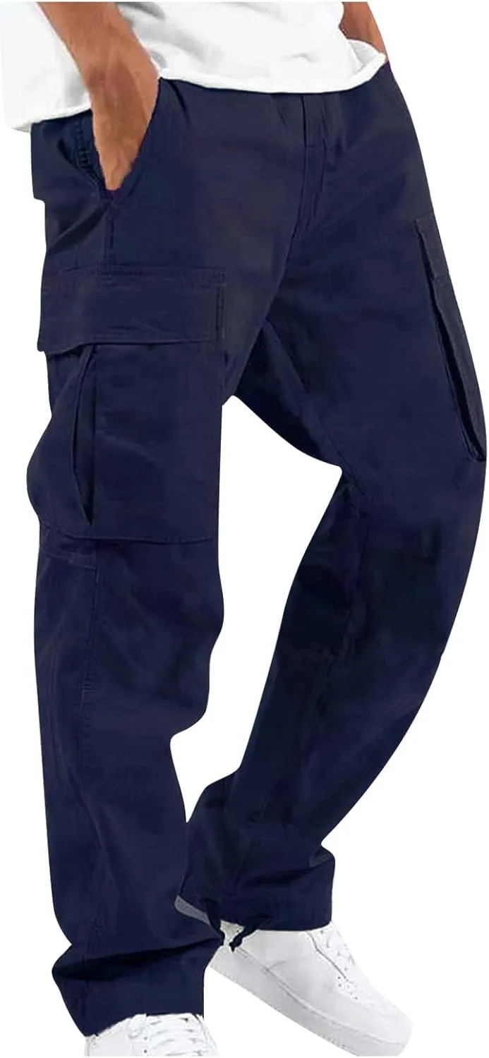 WENKOMG1 Casual Cargo Pants for Men Solid Camo Casual Hiking Pants Workout Joggers Drawstring Multi Pocket Sweatpants
