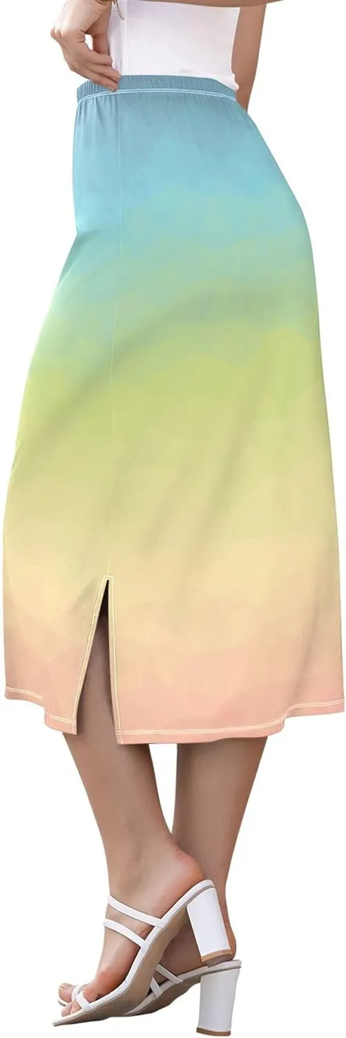 Wheat Midi Skirt Slit Women Floral Pencil Skirts Elastic Waist Cute Beach Skirt