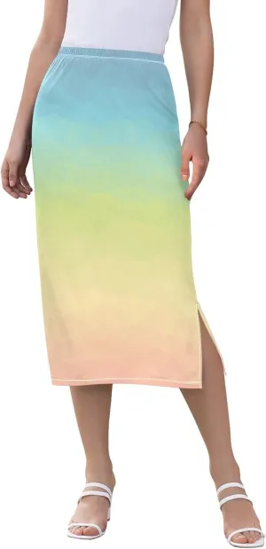 Wheat Midi Skirt Slit Women Floral Pencil Skirts Elastic Waist Cute Beach Skirt