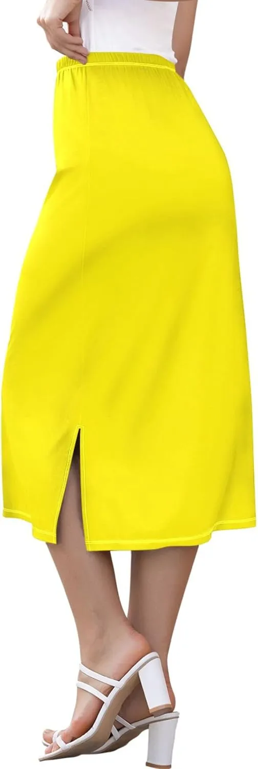 Wheat Midi Skirt Slit Women Floral Pencil Skirts Elastic Waist Cute Beach Skirt
