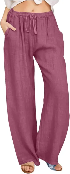 Wide Leg Palazzo Pants for Women 2025 Summer Casual Beach Pant Loose Fit Drawstring Flowy Lounge Trousers with Pocket