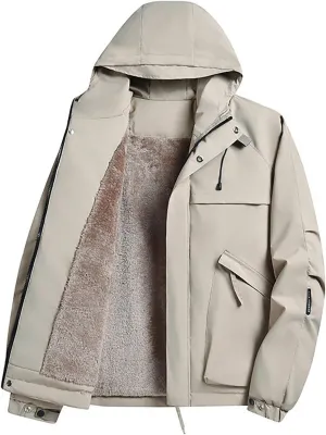 Windbreaker Jackets for Men Waterproof Lightweight Hooded Softshell Sherpa Lined Jacket Travel Jacket with Pocket
