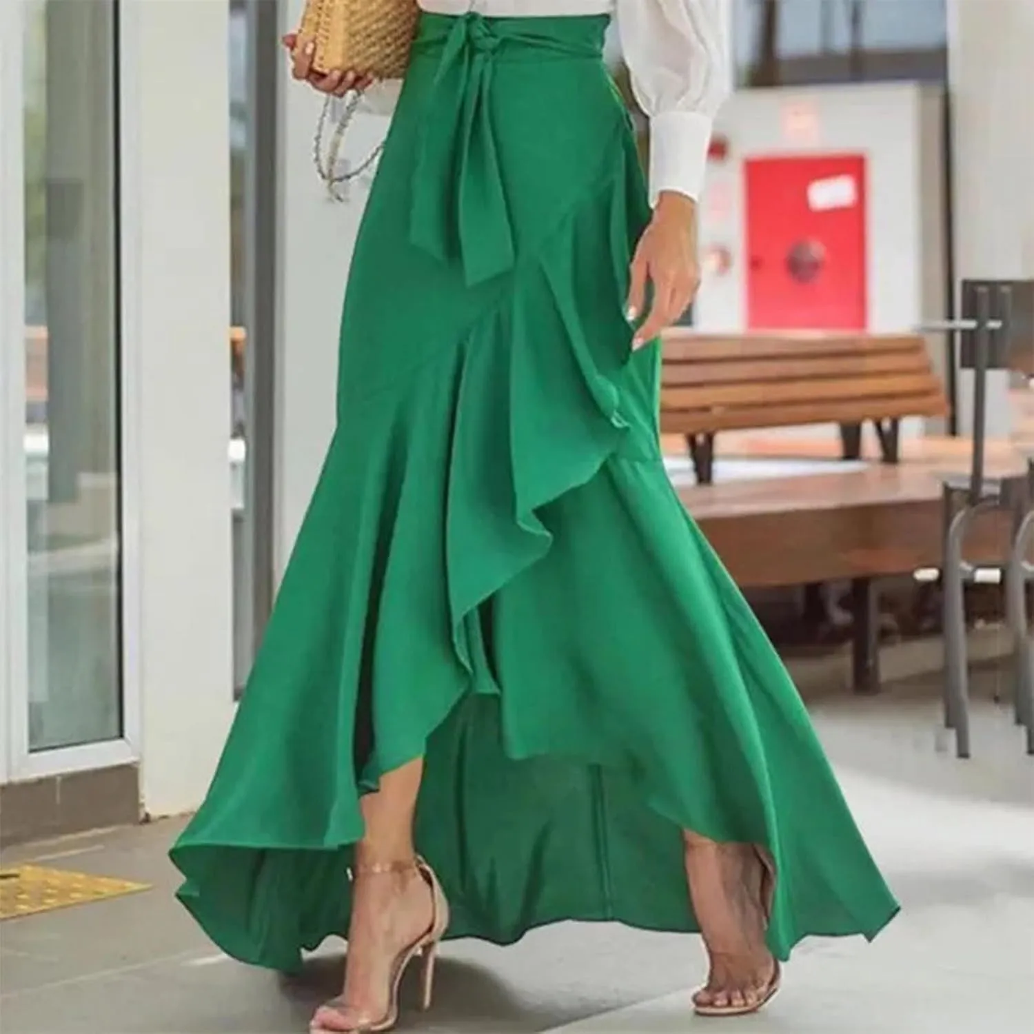 Women 2025 Summer Spring Long Skirts Dress Elastic Waist Split Ruffle High Low Maxi Skirt Elegant Dresses