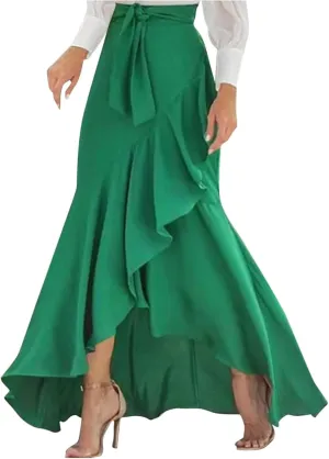 Women 2025 Summer Spring Long Skirts Dress Elastic Waist Split Ruffle High Low Maxi Skirt Elegant Dresses