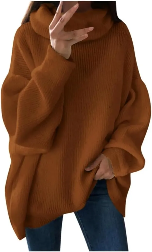 Women Autumn and Winter Turtleneck Sweater Oversized Warm Knitted Pullovers Casual Loose Long Sleeve Tops
