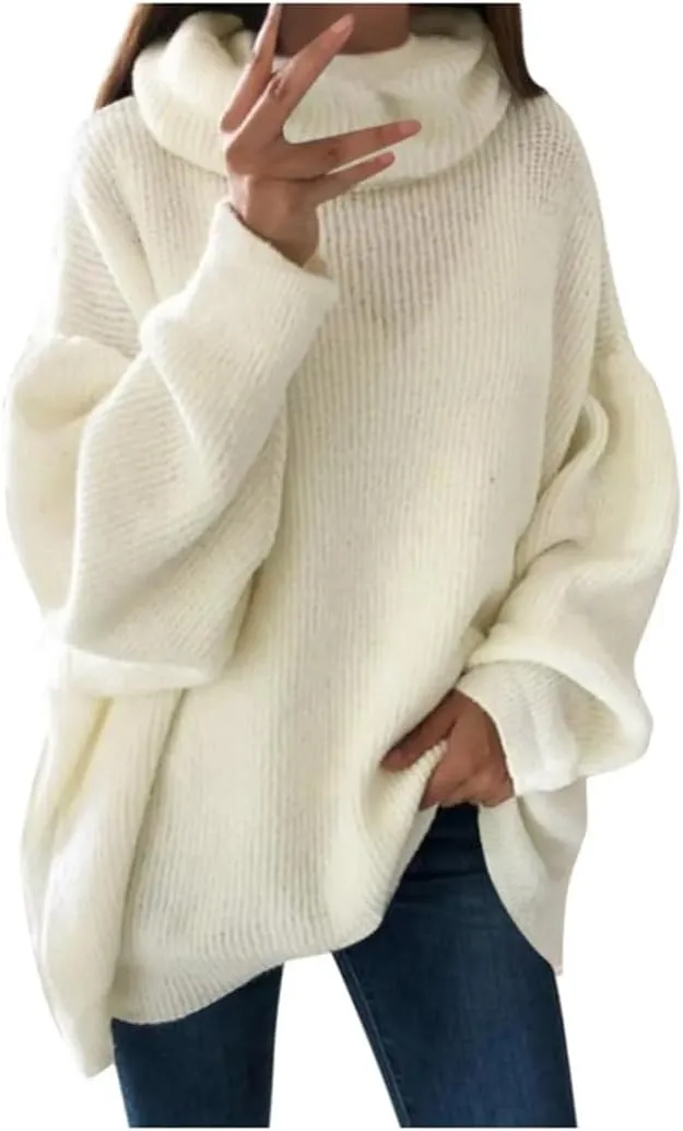 Women Autumn and Winter Turtleneck Sweater Oversized Warm Knitted Pullovers Casual Loose Long Sleeve Tops