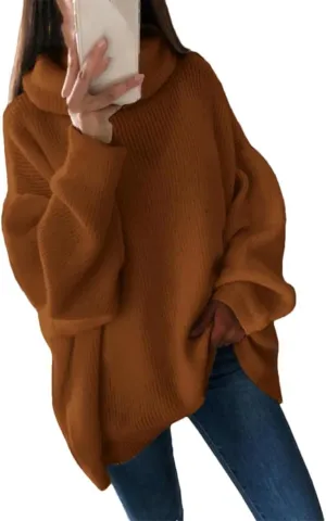 Women Autumn and Winter Turtleneck Sweater Oversized Warm Knitted Pullovers Casual Loose Long Sleeve Tops