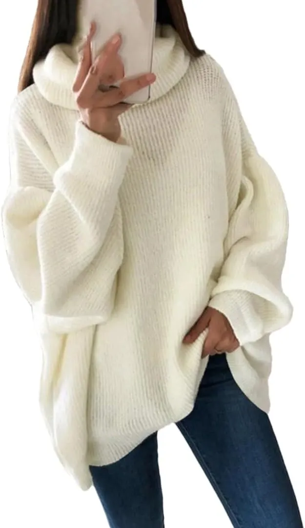 Women Autumn and Winter Turtleneck Sweater Oversized Warm Knitted Pullovers Casual Loose Long Sleeve Tops
