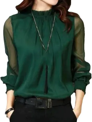 Women Blouses Long Sleeve Chiffon Shirt Lace Mesh Ruffled Spring Summer Casual Tops