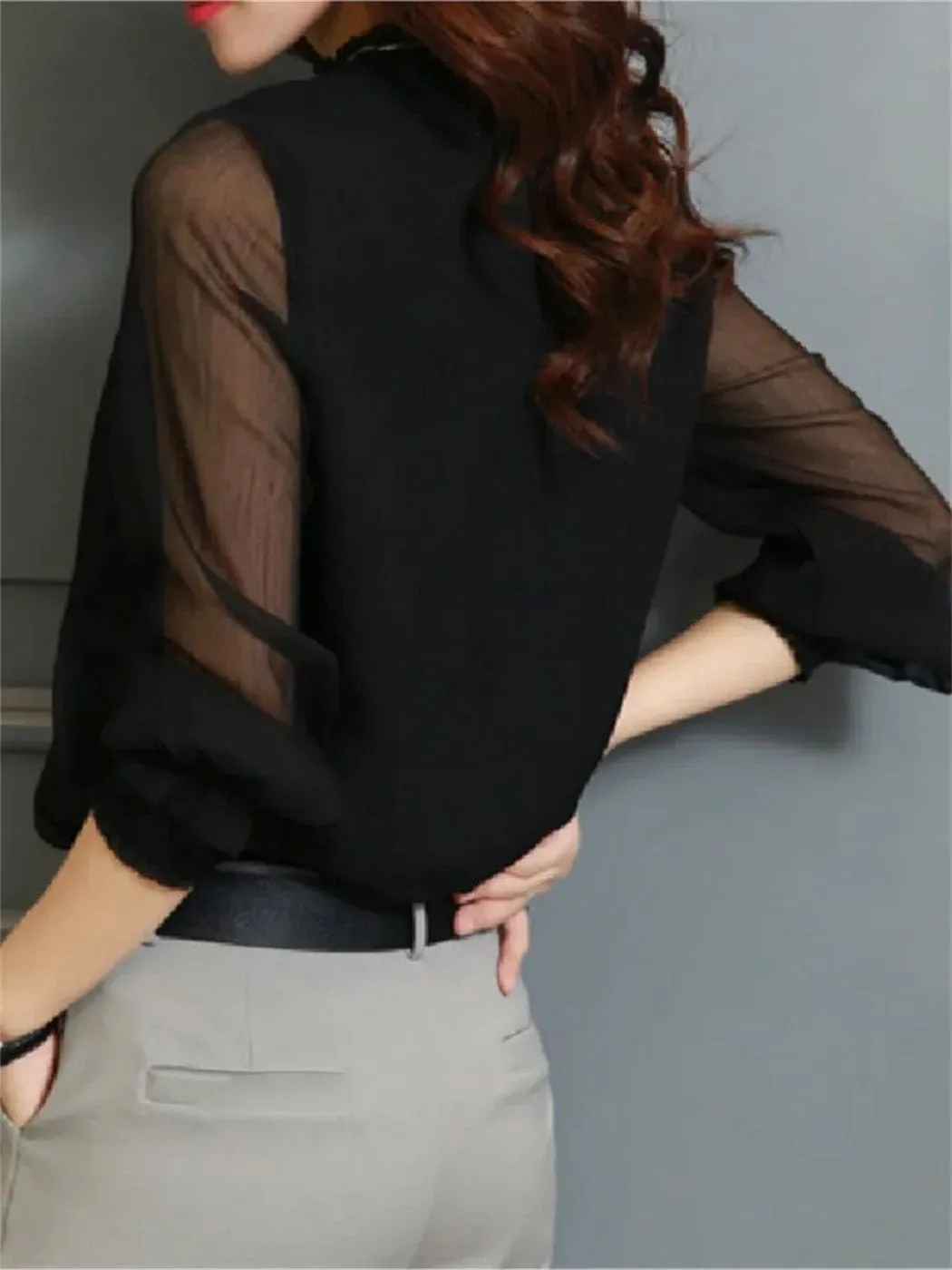 Women Blouses Long Sleeve Chiffon Shirt Lace Mesh Ruffled Spring Summer Casual Tops