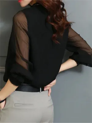 Women Blouses Long Sleeve Chiffon Shirt Lace Mesh Ruffled Spring Summer Casual Tops