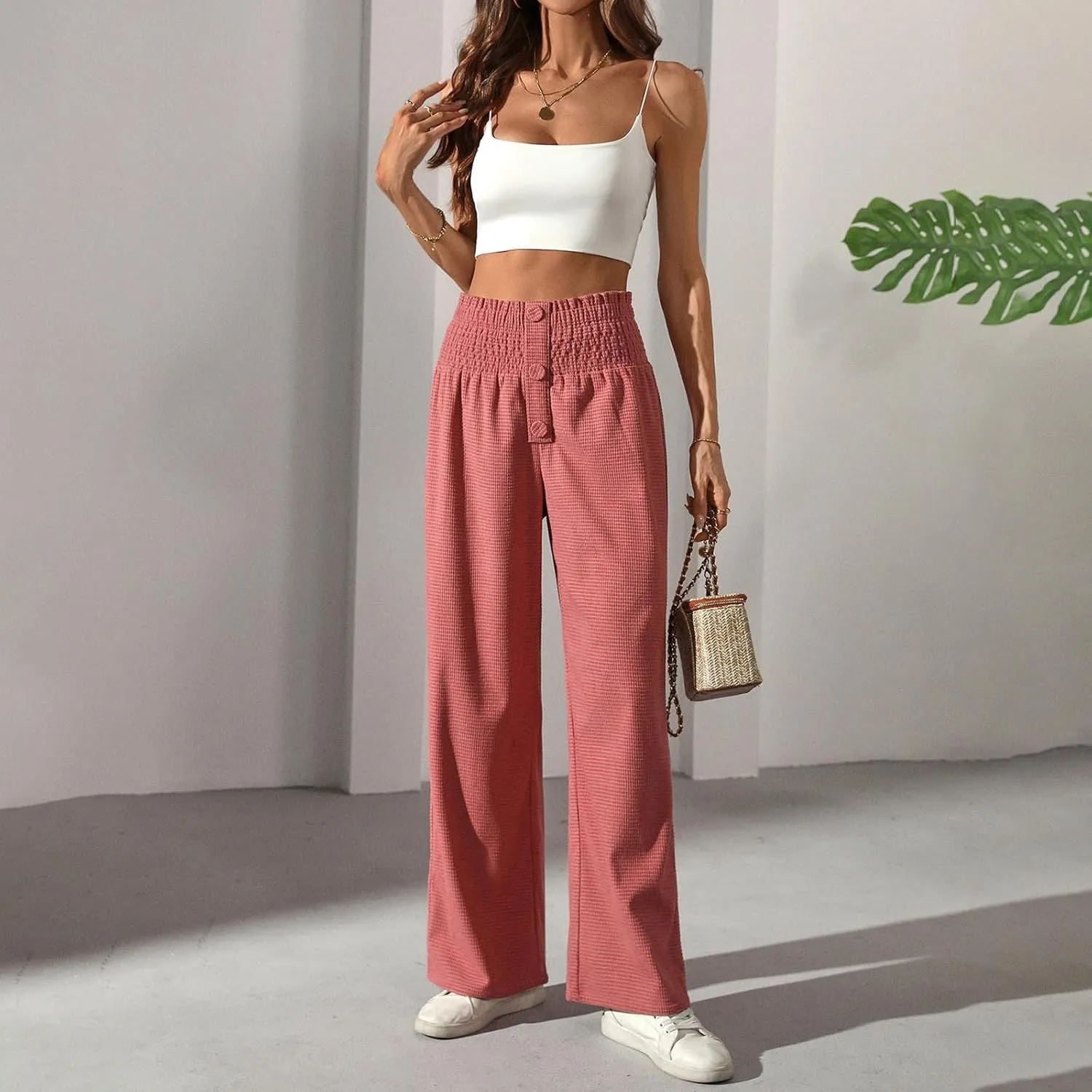 Women Casual Pants High Waisted Wide Leg Pants Solid Color Baggy Loung Pants Elastic Waist Comfort Trousers