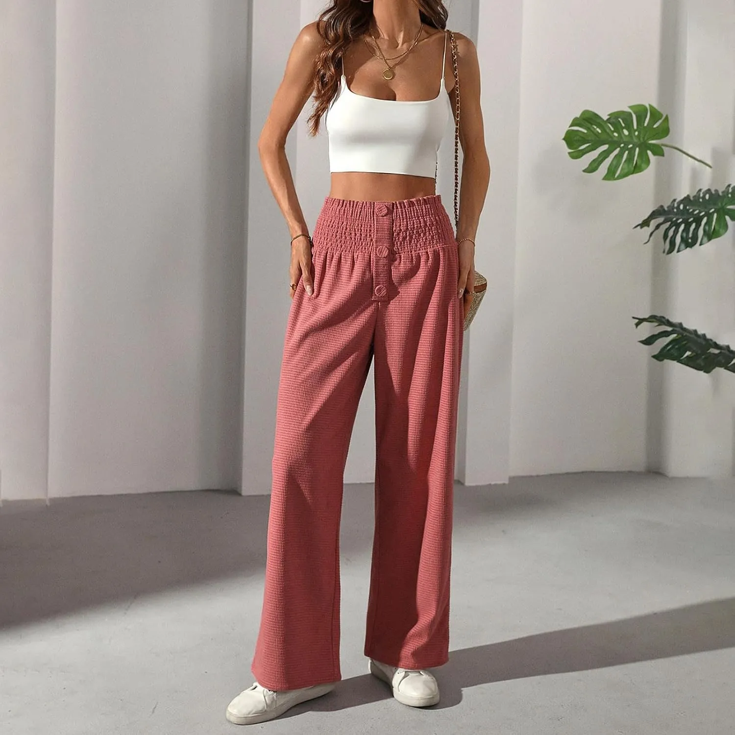Women Casual Pants High Waisted Wide Leg Pants Solid Color Baggy Loung Pants Elastic Waist Comfort Trousers