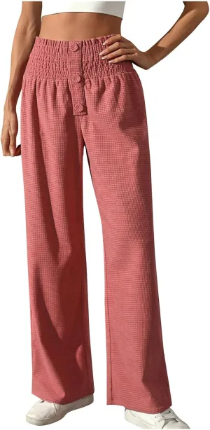 Women Casual Pants High Waisted Wide Leg Pants Solid Color Baggy Loung Pants Elastic Waist Comfort Trousers