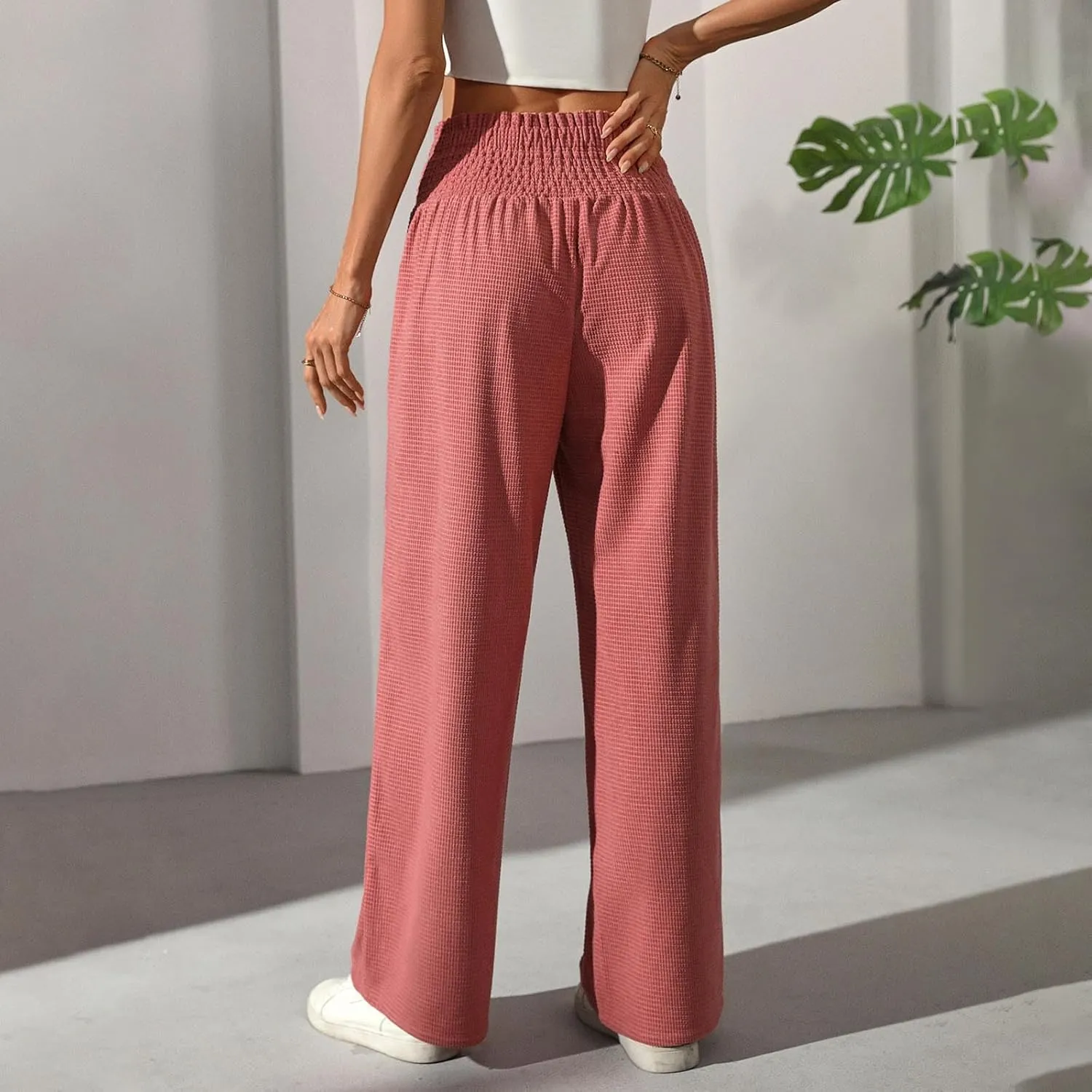 Women Casual Pants High Waisted Wide Leg Pants Solid Color Baggy Loung Pants Elastic Waist Comfort Trousers