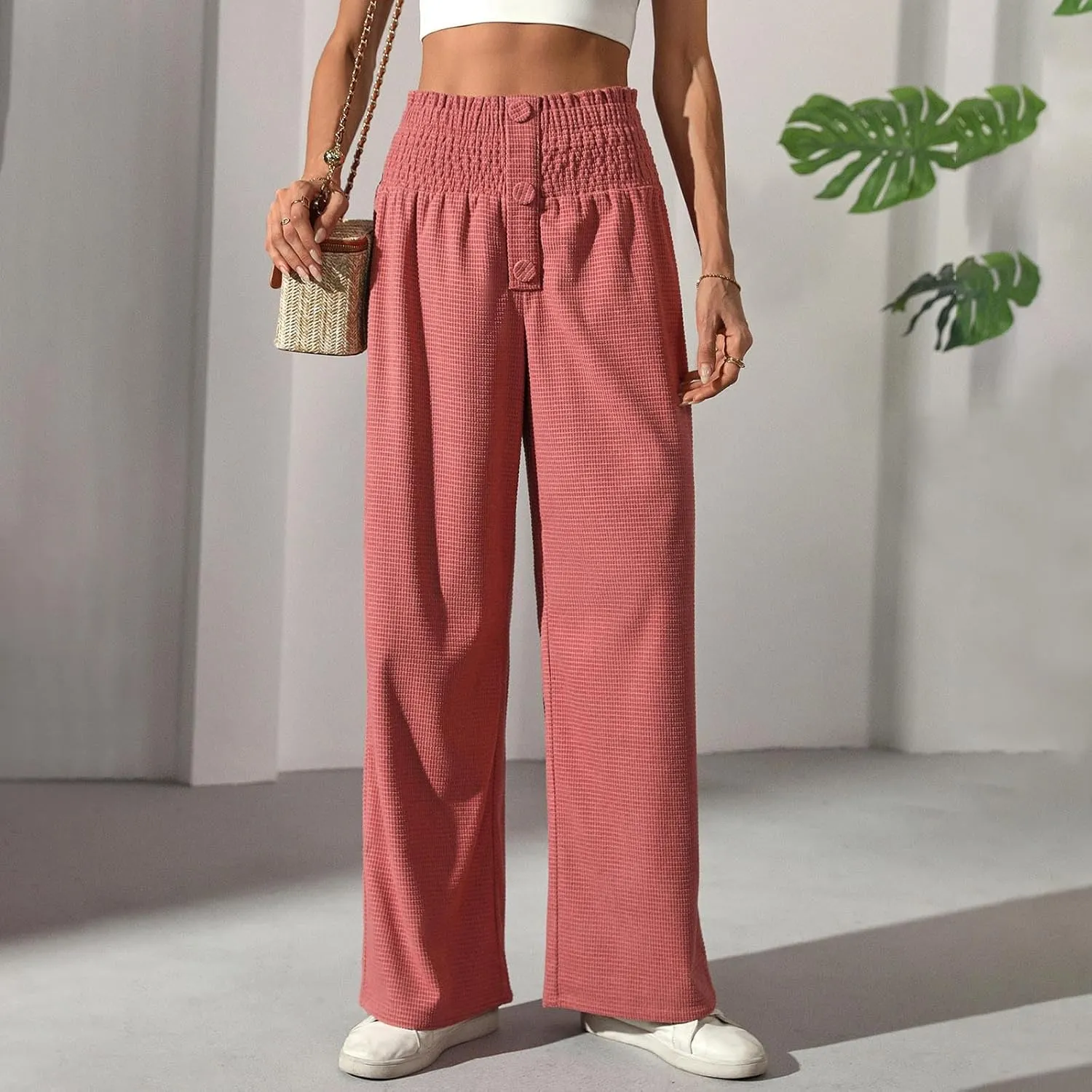 Women Casual Pants High Waisted Wide Leg Pants Solid Color Baggy Loung Pants Elastic Waist Comfort Trousers