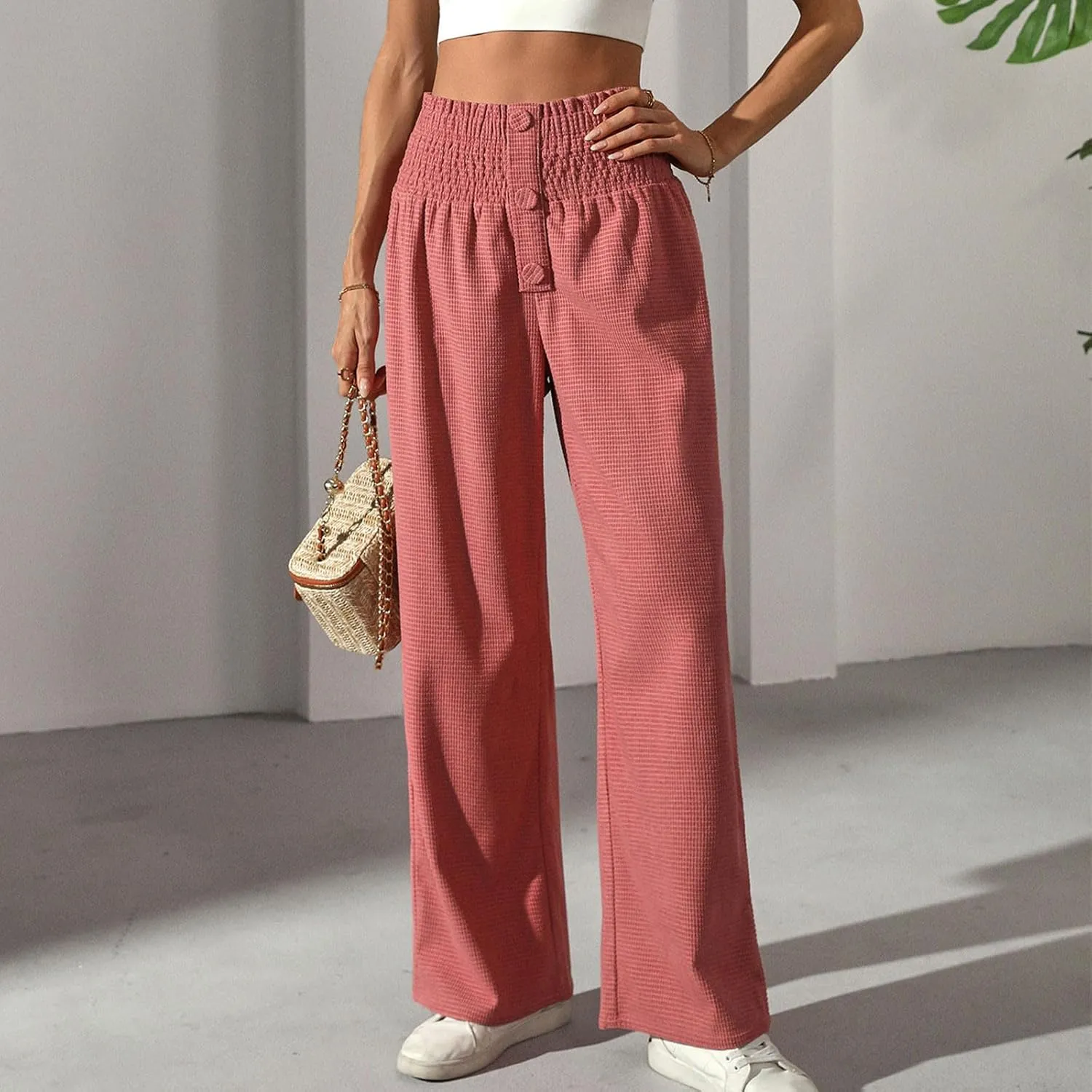 Women Casual Pants High Waisted Wide Leg Pants Solid Color Baggy Loung Pants Elastic Waist Comfort Trousers