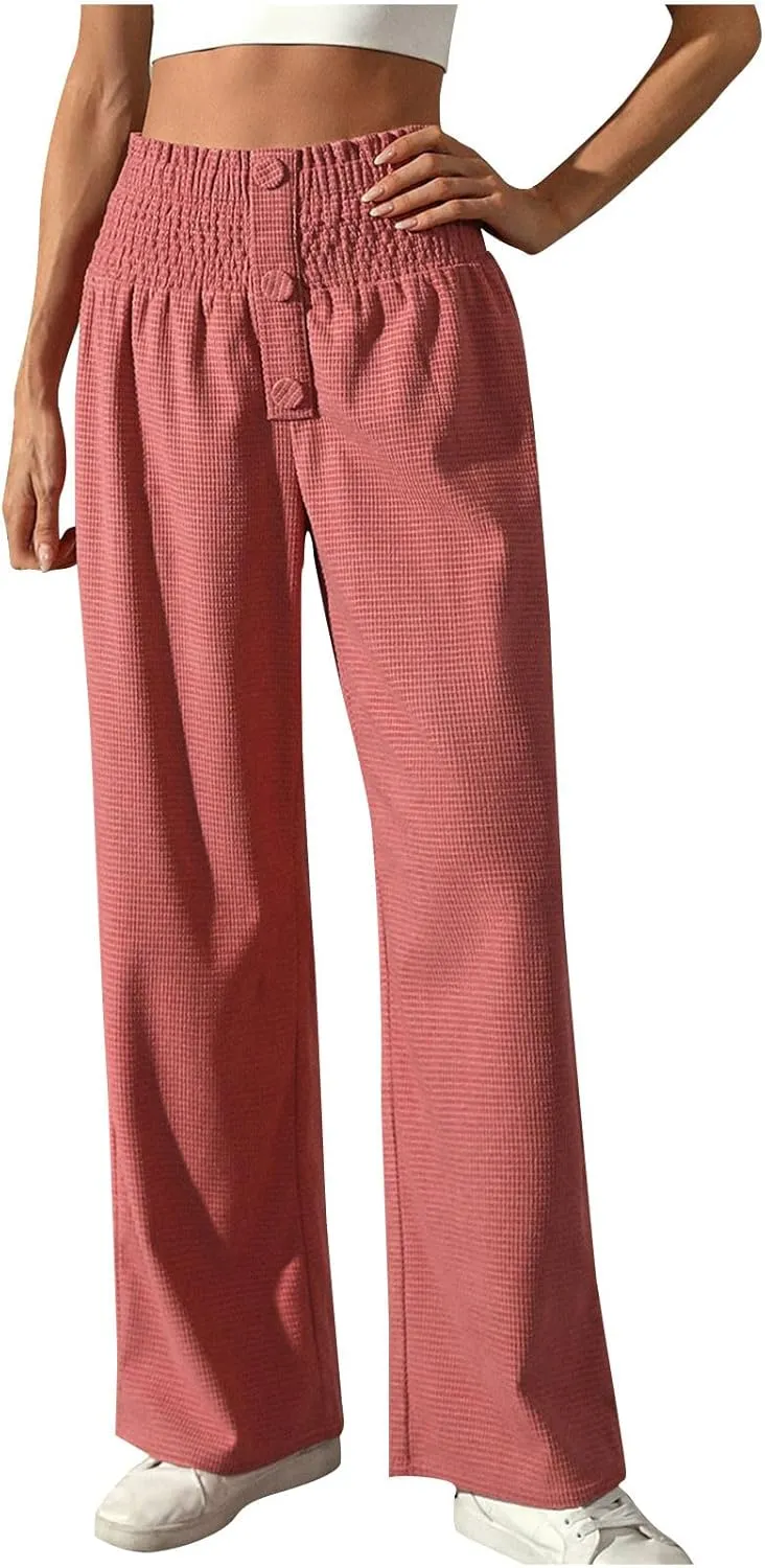 Women Casual Pants High Waisted Wide Leg Pants Solid Color Baggy Loung Pants Elastic Waist Comfort Trousers