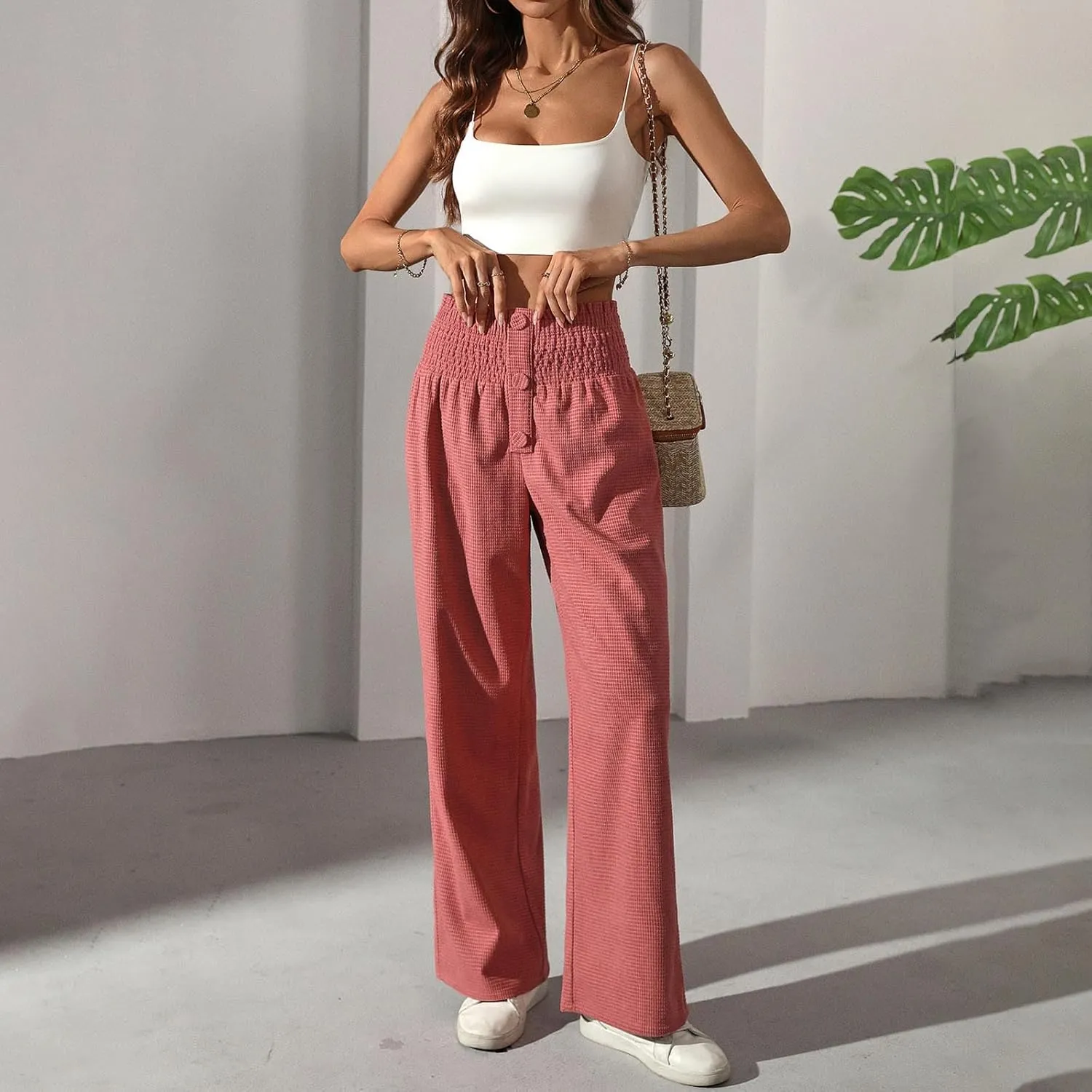 Women Casual Pants High Waisted Wide Leg Pants Solid Color Baggy Loung Pants Elastic Waist Comfort Trousers