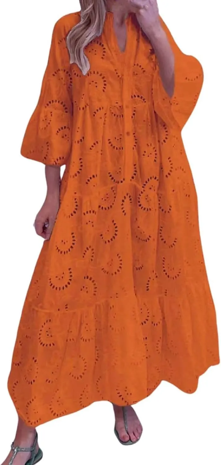 Women Eyelet Dress Boho Elegant Lace Hollow Summer V Neck Bell Sleeve Ruffle Casual Flowy Long Maxi Dresses