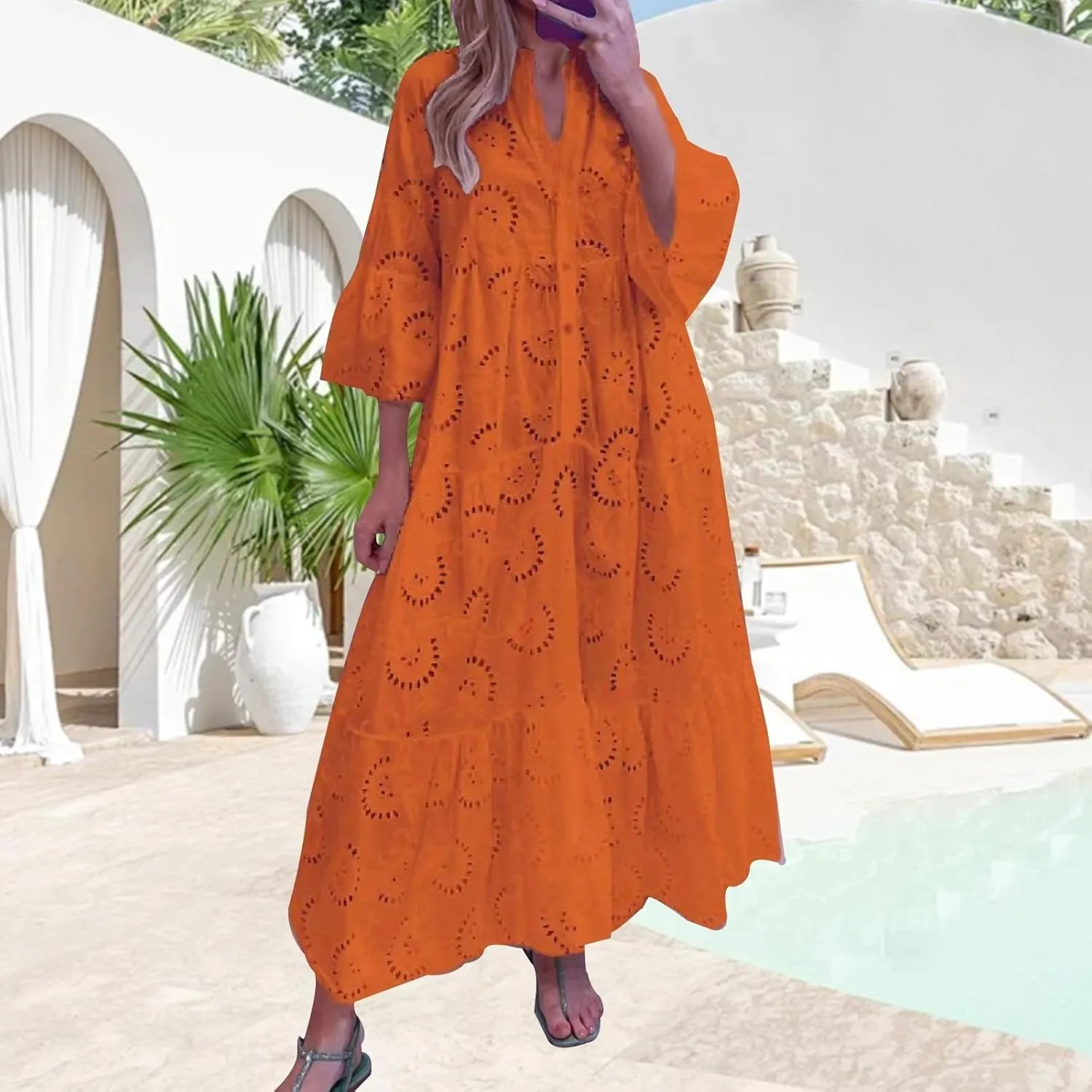 Women Eyelet Dress Boho Elegant Lace Hollow Summer V Neck Bell Sleeve Ruffle Casual Flowy Long Maxi Dresses