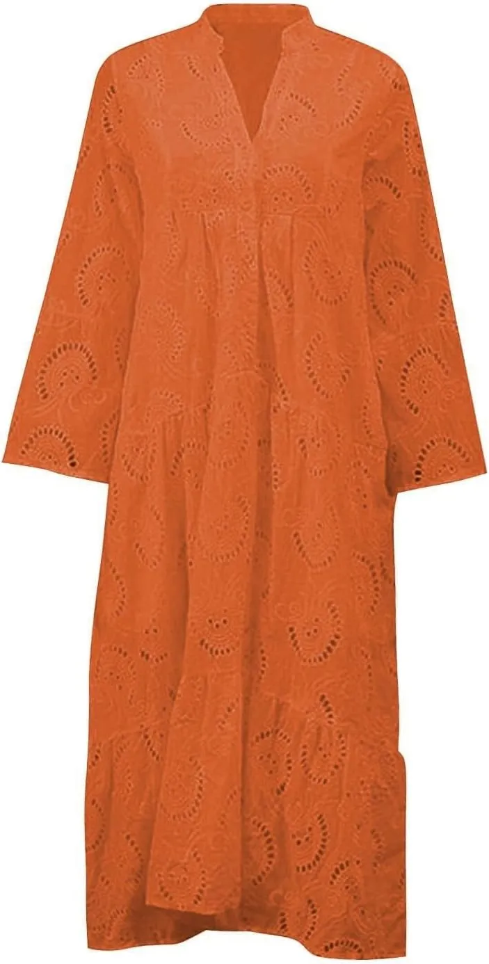 Women Eyelet Dress Boho Elegant Lace Hollow Summer V Neck Bell Sleeve Ruffle Casual Flowy Long Maxi Dresses