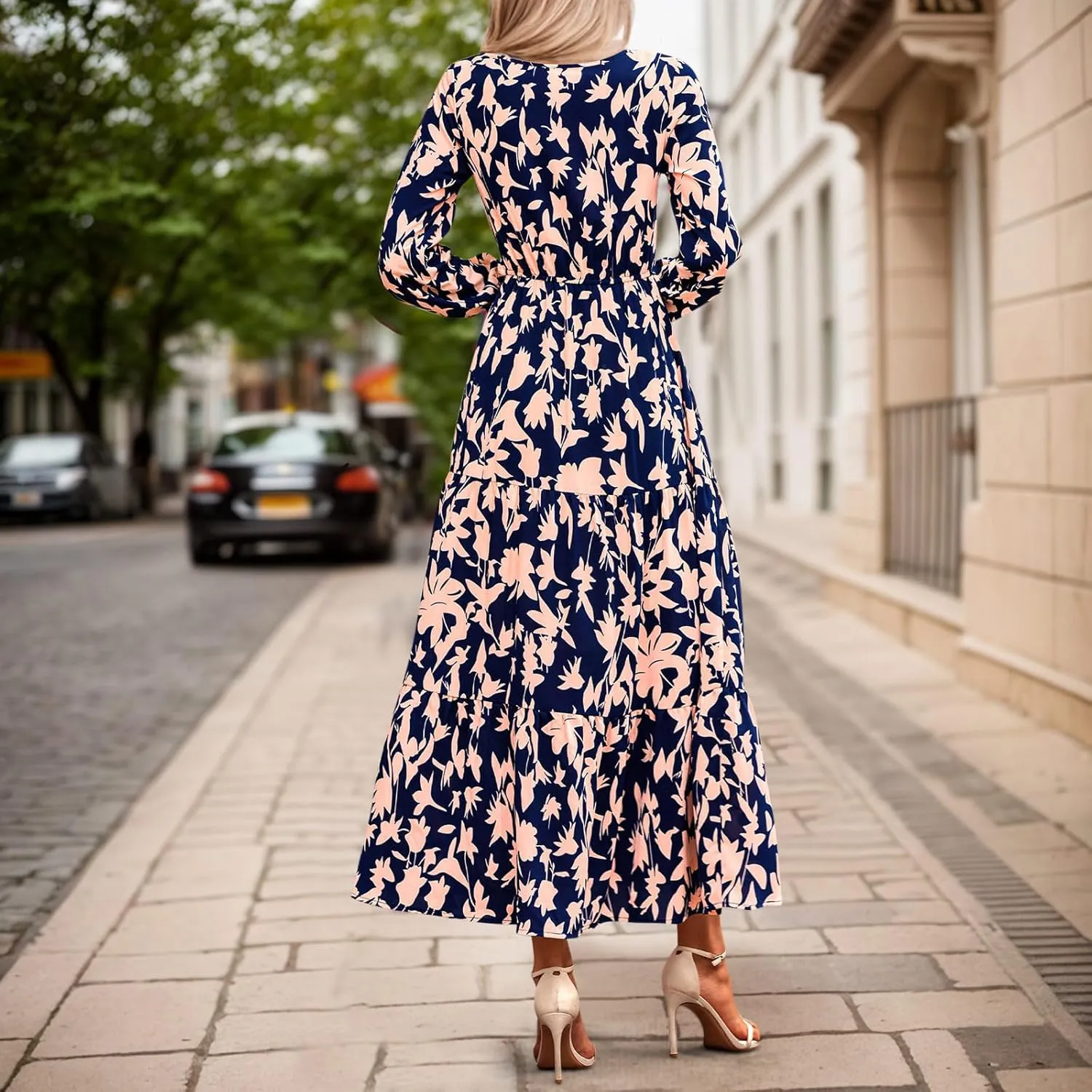Women Fall Dresses 2025 Casual Long Sleeve V Neck Wedding Guest Dress Floral Boho Flowy Elegant Maxi Dresses