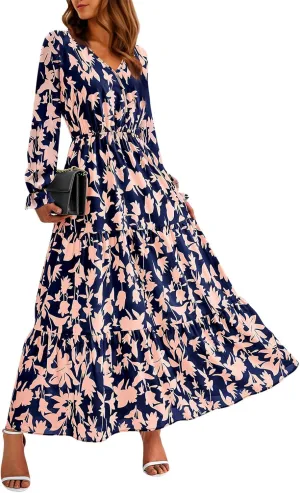 Women Fall Dresses 2025 Casual Long Sleeve V Neck Wedding Guest Dress Floral Boho Flowy Elegant Maxi Dresses