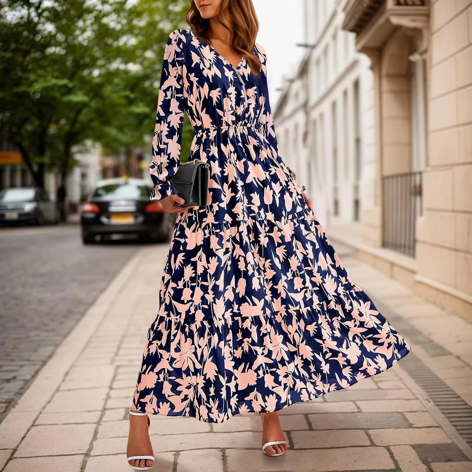 Women Fall Dresses 2025 Casual Long Sleeve V Neck Wedding Guest Dress Floral Boho Flowy Elegant Maxi Dresses