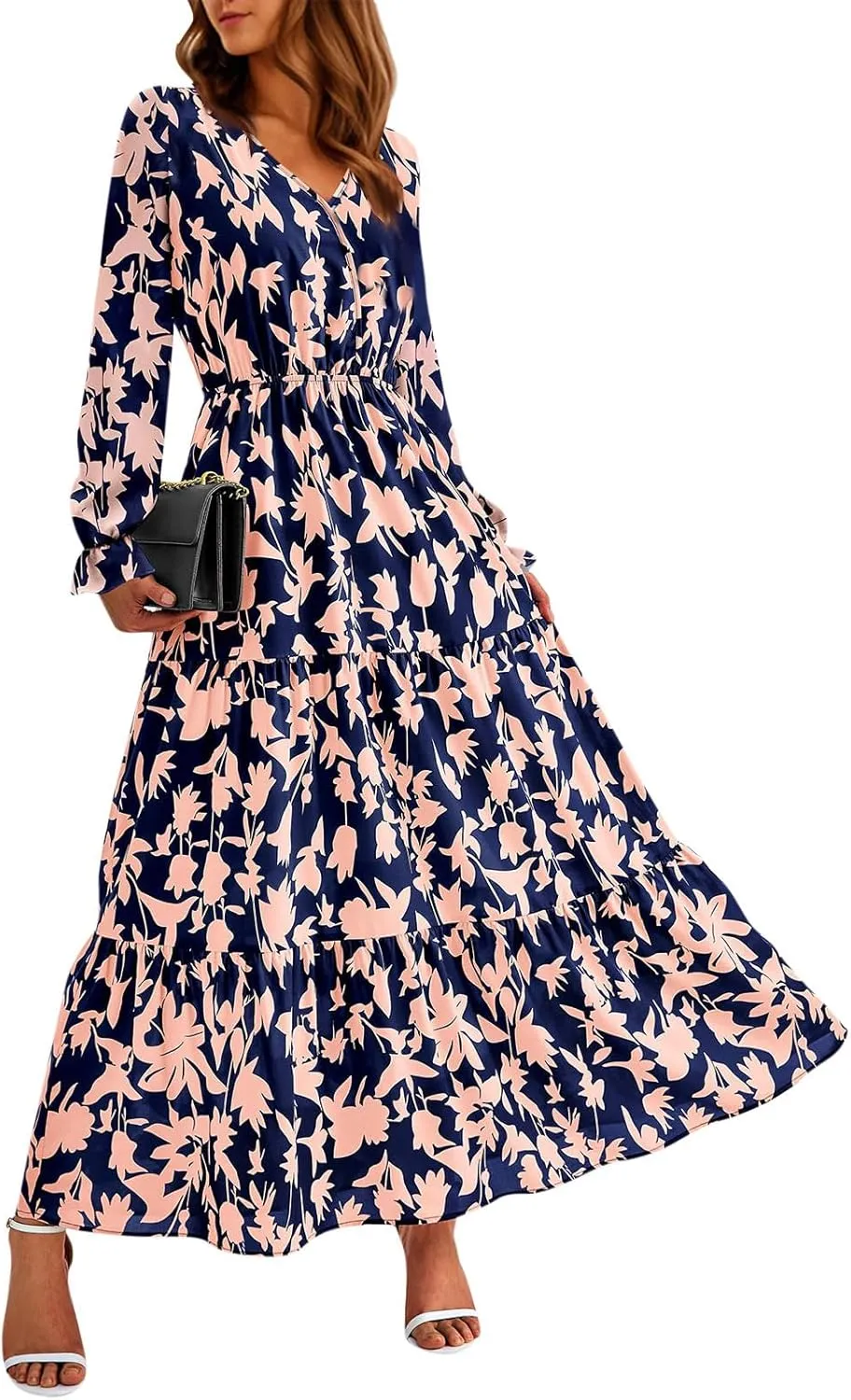 Women Fall Dresses 2025 Casual Long Sleeve V Neck Wedding Guest Dress Floral Boho Flowy Elegant Maxi Dresses