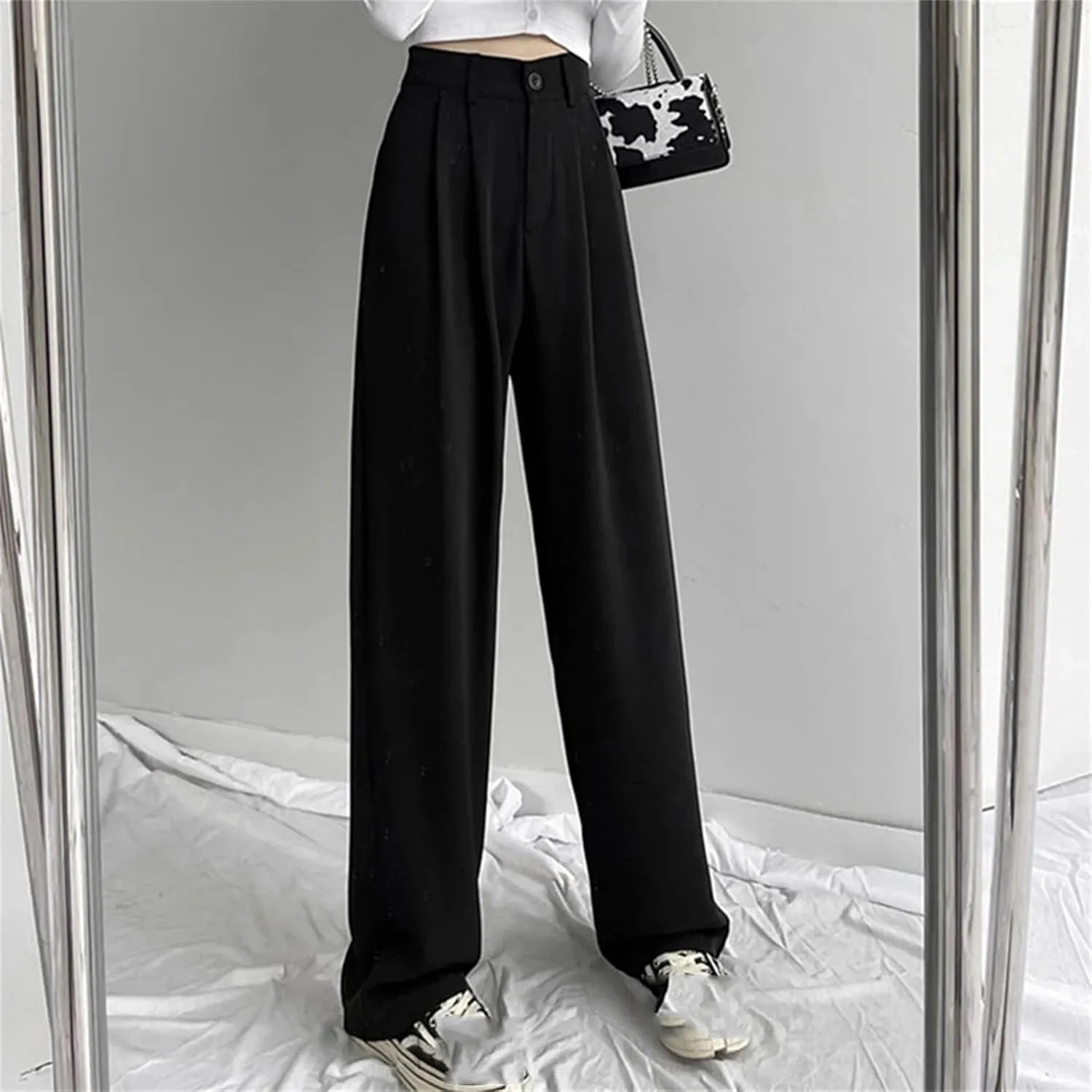 Women Lady Fashion Concise Baggy Wide Leg Pants Straight Leg Casual Suit Trousers Classic Solid Daily Slacks
