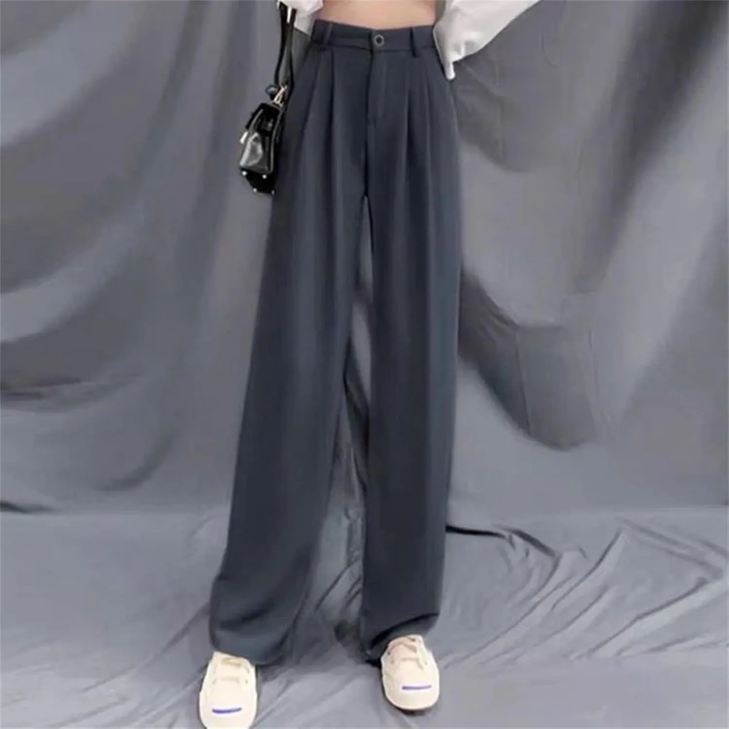 Women Lady Fashion Concise Baggy Wide Leg Pants Straight Leg Casual Suit Trousers Classic Solid Daily Slacks