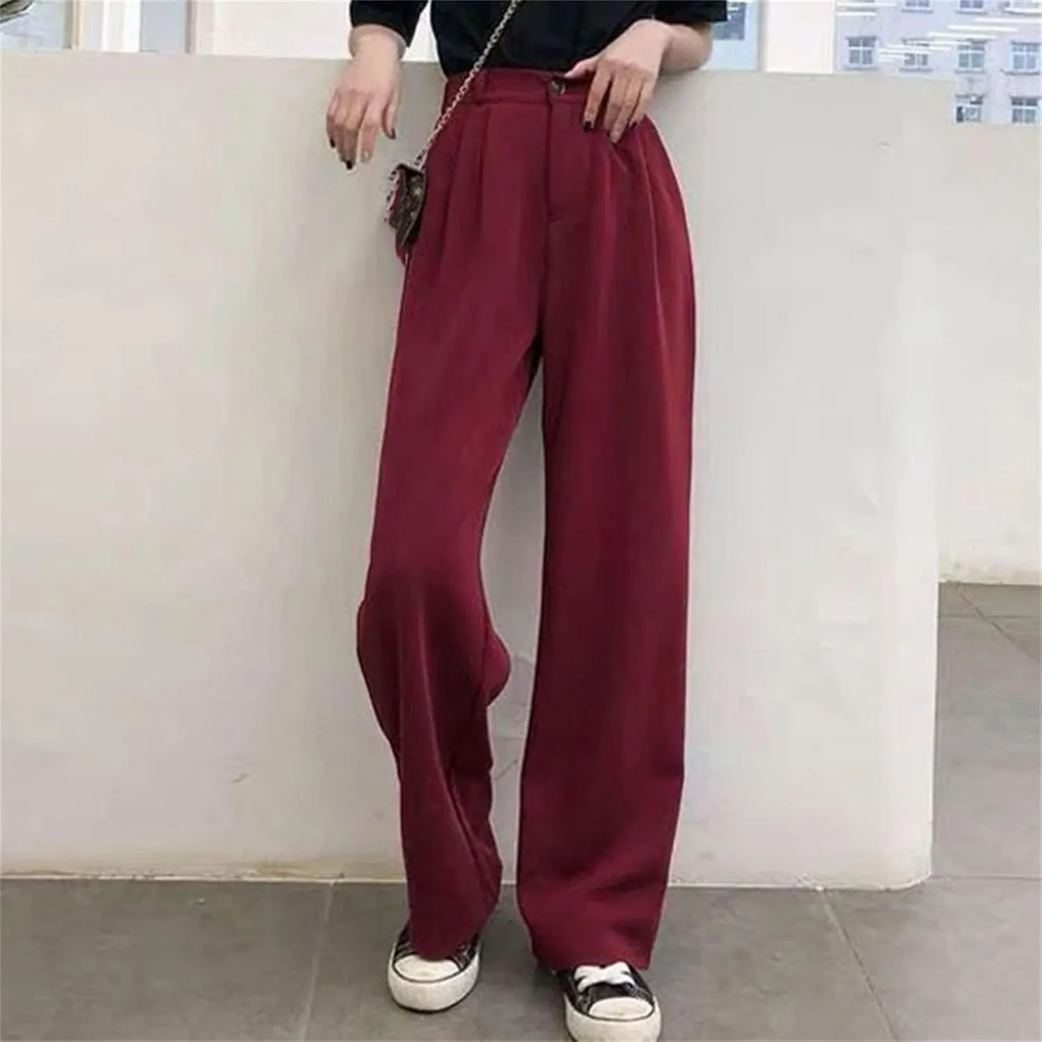Women Lady Fashion Concise Baggy Wide Leg Pants Straight Leg Casual Suit Trousers Classic Solid Daily Slacks