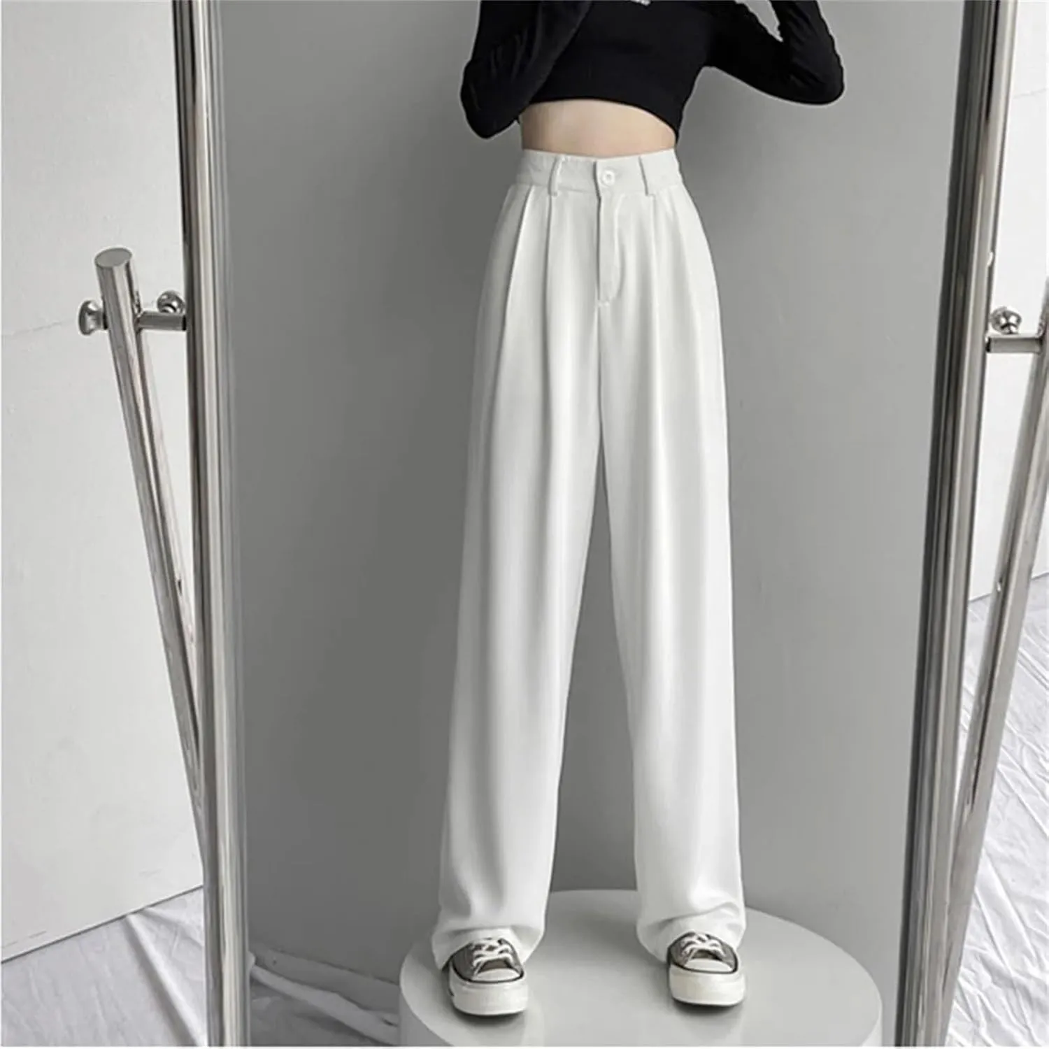Women Lady Fashion Concise Baggy Wide Leg Pants Straight Leg Casual Suit Trousers Classic Solid Daily Slacks