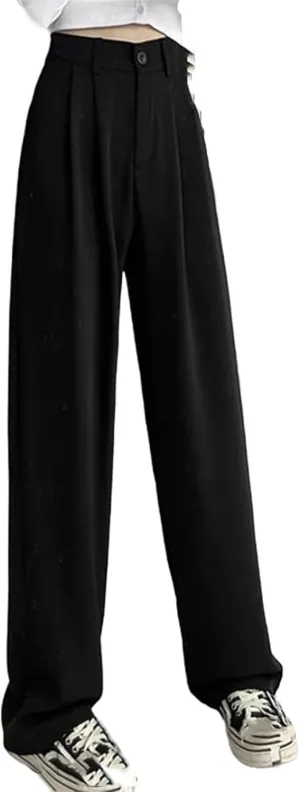 Women Lady Fashion Concise Baggy Wide Leg Pants Straight Leg Casual Suit Trousers Classic Solid Daily Slacks