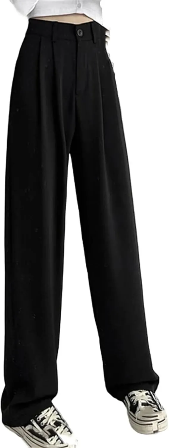 Women Lady Fashion Concise Baggy Wide Leg Pants Straight Leg Casual Suit Trousers Classic Solid Daily Slacks