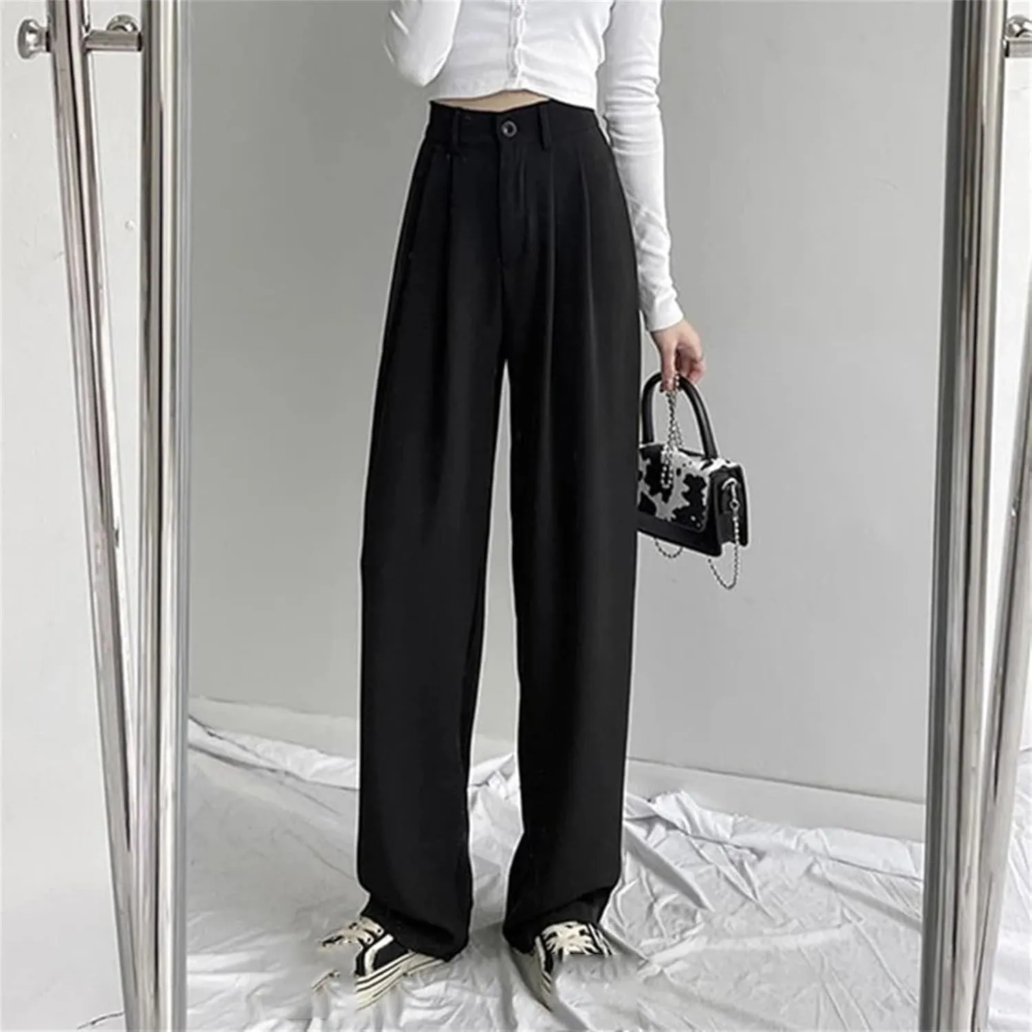 Women Lady Fashion Concise Baggy Wide Leg Pants Straight Leg Casual Suit Trousers Classic Solid Daily Slacks