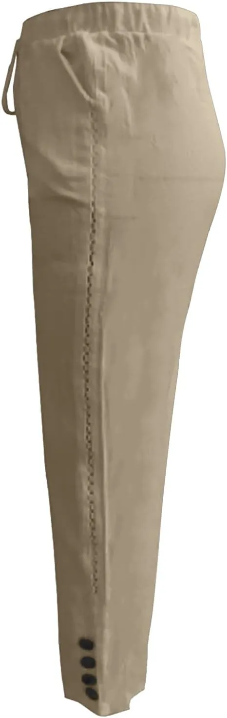 Women Linen Pants Waist Pants Drawstring Capri Pants with Pockets Wide Leg Cropped Elastic High Waist Comfy Loose