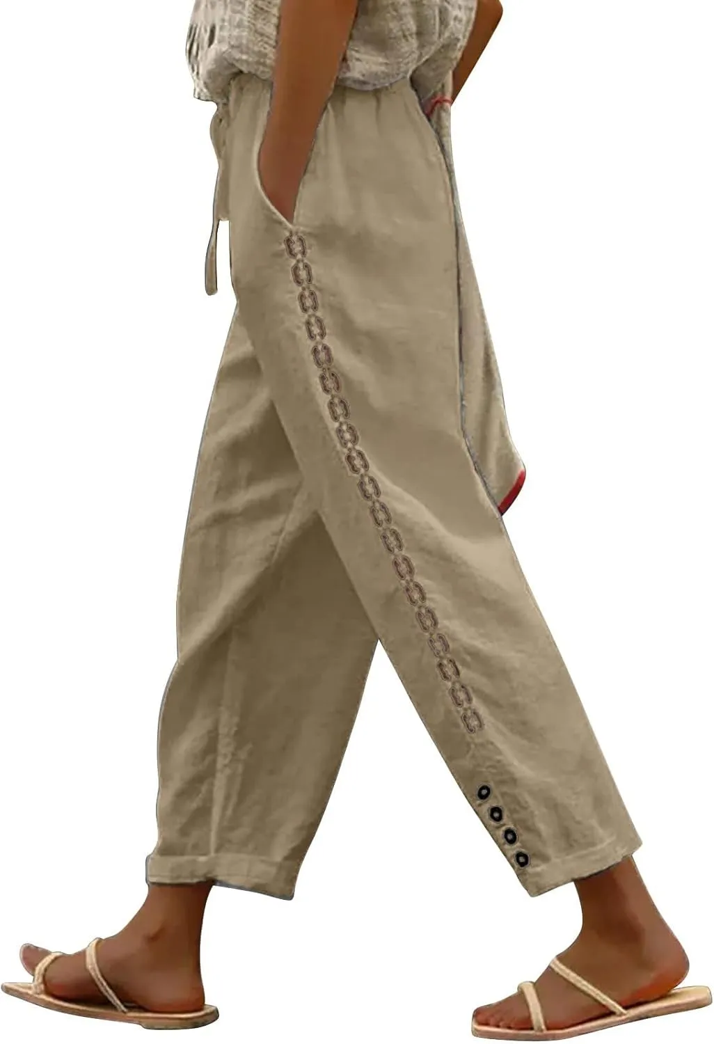 Women Linen Pants Waist Pants Drawstring Capri Pants with Pockets Wide Leg Cropped Elastic High Waist Comfy Loose