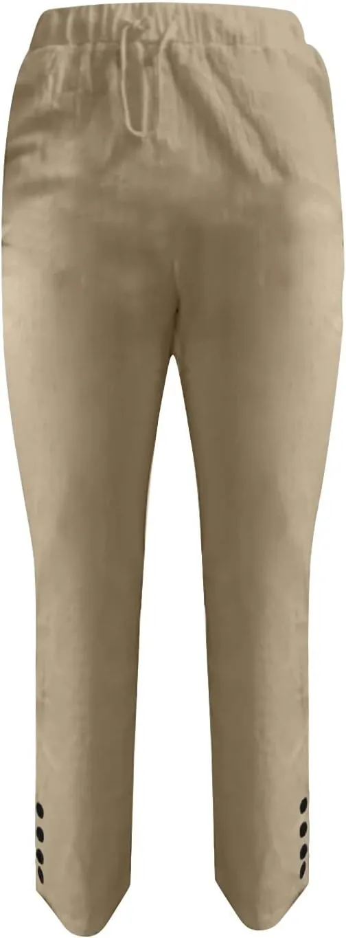 Women Linen Pants Waist Pants Drawstring Capri Pants with Pockets Wide Leg Cropped Elastic High Waist Comfy Loose