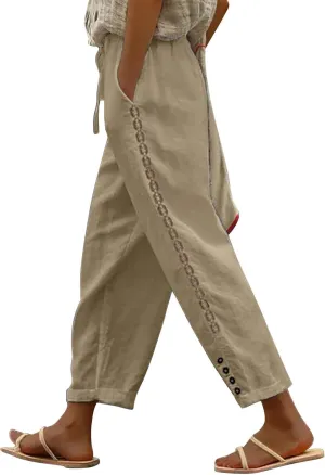 Women Linen Pants Waist Pants Drawstring Capri Pants with Pockets Wide Leg Cropped Elastic High Waist Comfy Loose